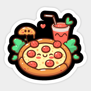 Pepperoni Pizza and Strawberry Drink in Kawaii Style | Kawaii Pizza Party | Pizza and Chill Sticker